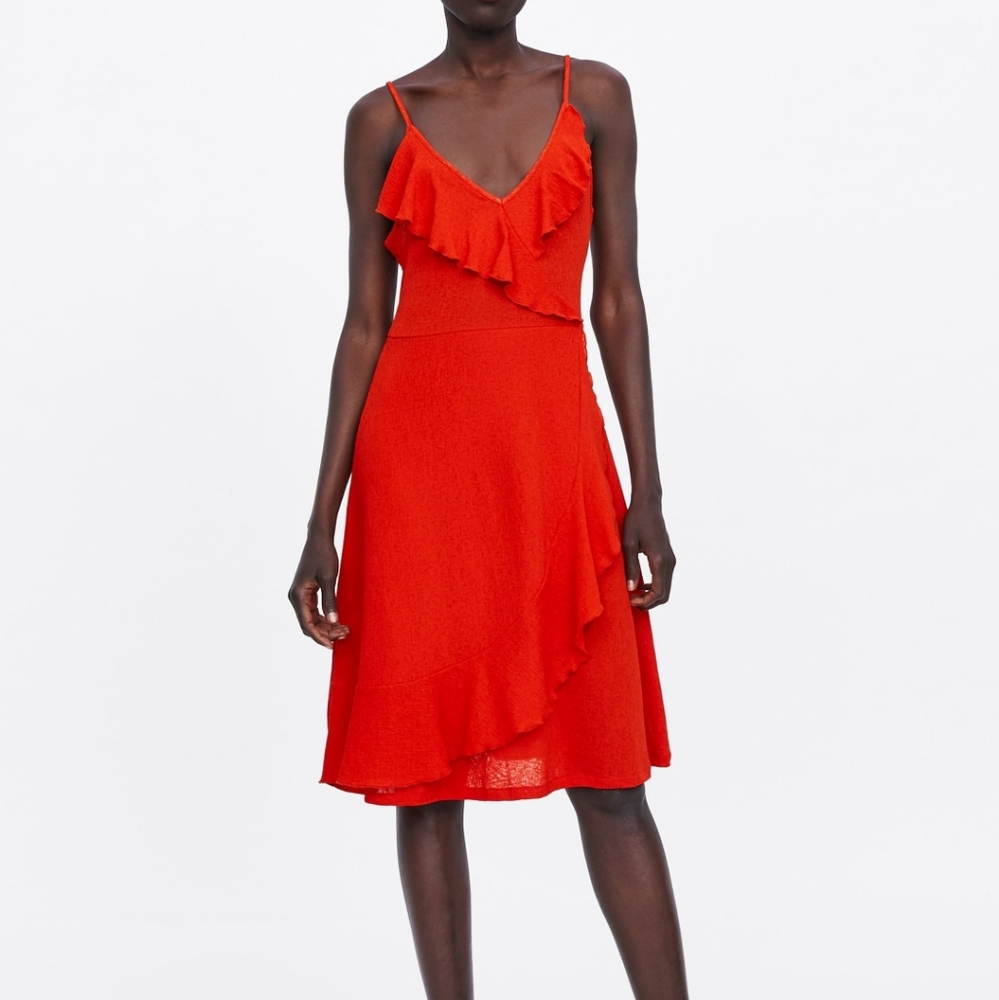 Zara Strappy Ruffled Dress Red Orange S NWT